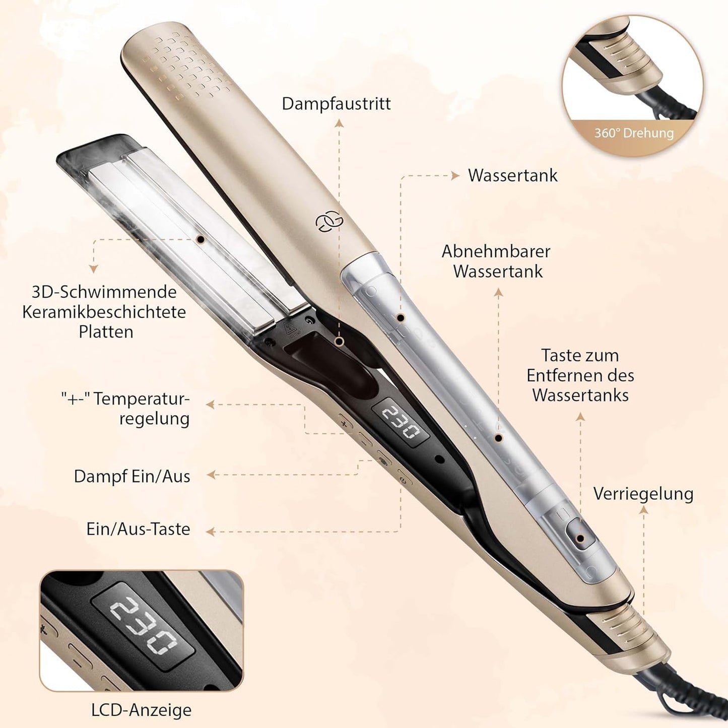 Golden Goods Glätteisen 2-in-1 Professionnel Steam,Dampfglätter, Hair Straightener,Champagner