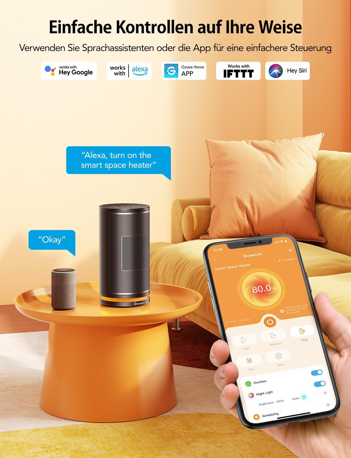 GoveeLife Intelligenter Keramik-Heizlüfter,mit Thermostat, 75°-Oszillation, App- und Sprachsteuerung,