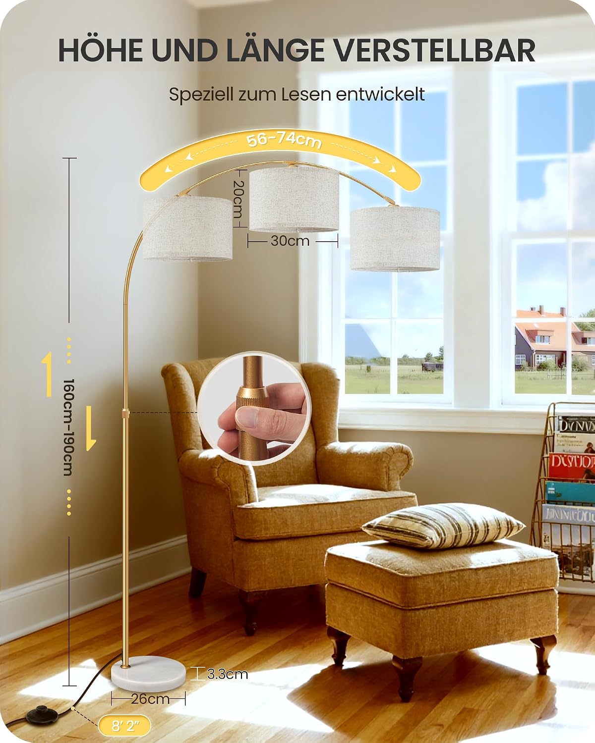 Goebleson Goldene Stehlampe Dimmbare Bogenlampe Fernbedienung,158-188 cm mit E27 LED Birne