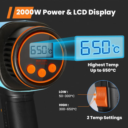 GoGonova 2000W Chauffage haute température avec écran numérique LCD, 50 ℃ - 650 ℃ Haute température avec écran LCD, 5 lumières, 2 flux d'air, idéal pour les fers à repasser, les lits, les rideaux