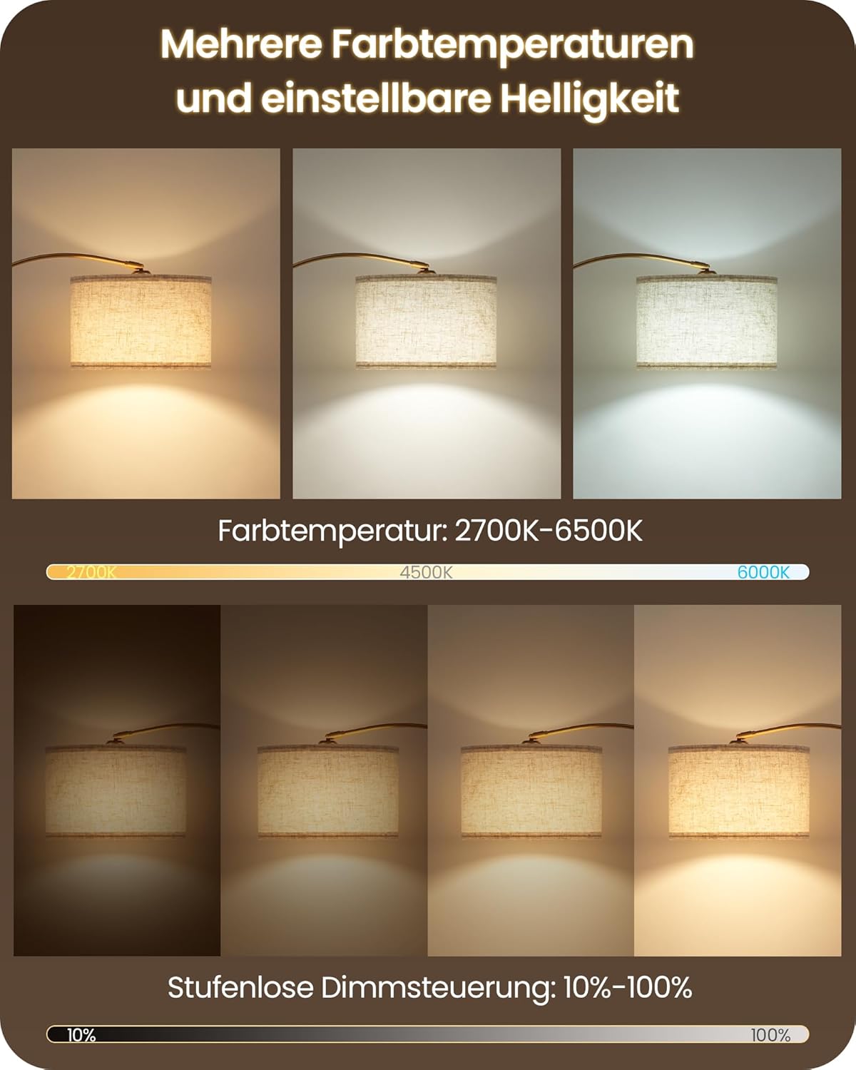 Goebleson Goldene Stehlampe Dimmbare Bogenlampe Fernbedienung,158-188 cm mit E27 LED Birne