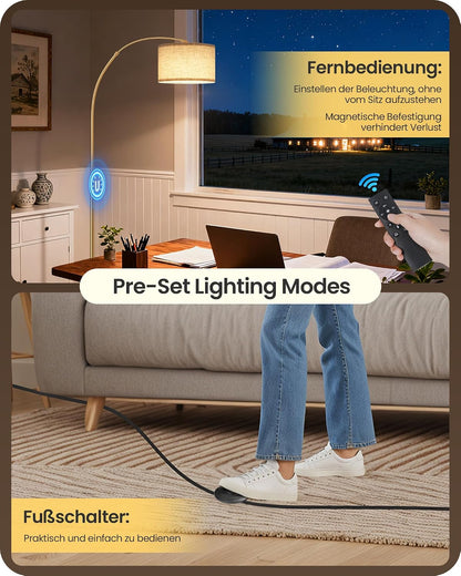 Goebleson Goldene Stehlampe Dimmbare Bogenlampe Fernbedienung,158-188 cm mit E27 LED Birne