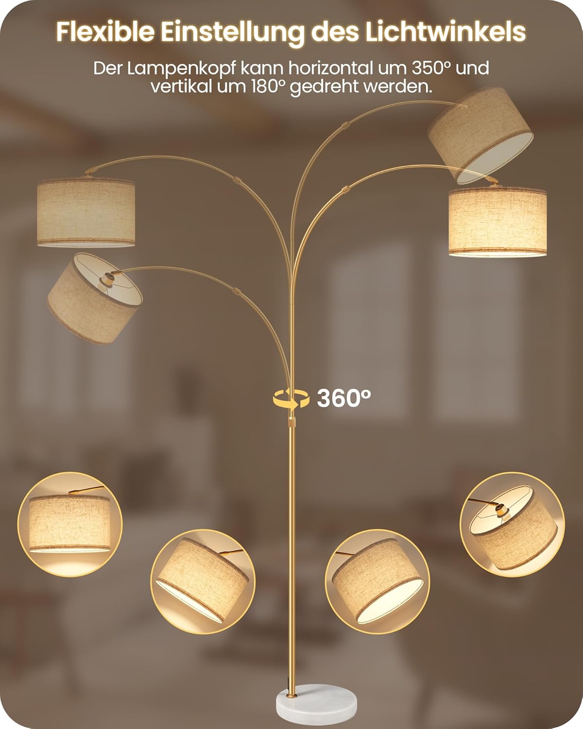 Goebleson Goldene Stehlampe Dimmbare Bogenlampe Fernbedienung,158-188 cm mit E27 LED Birne