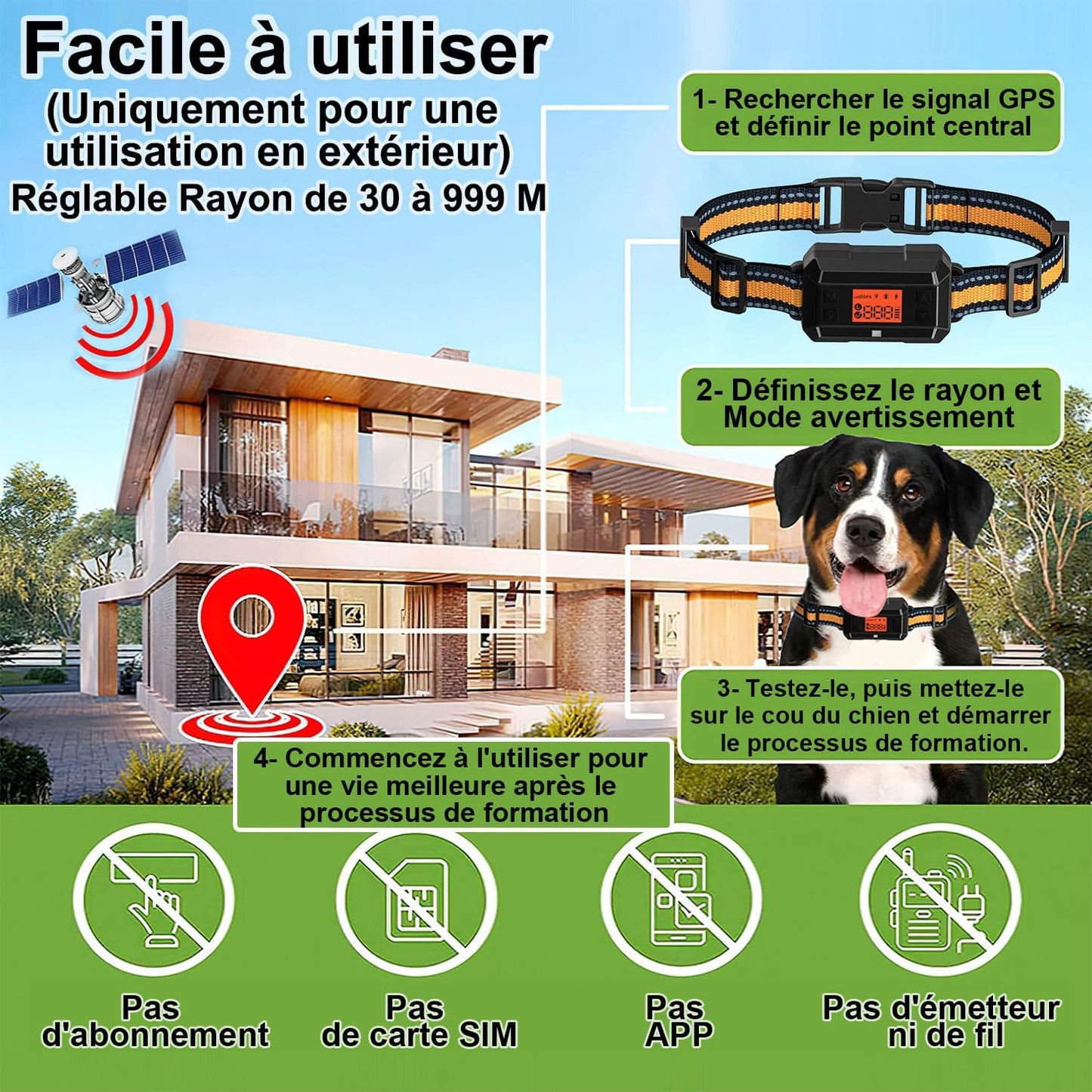 Bracelet GPS pour chien, 30–999 m, barre réglable, protection de vol améliorée, IPX7, étanche,
