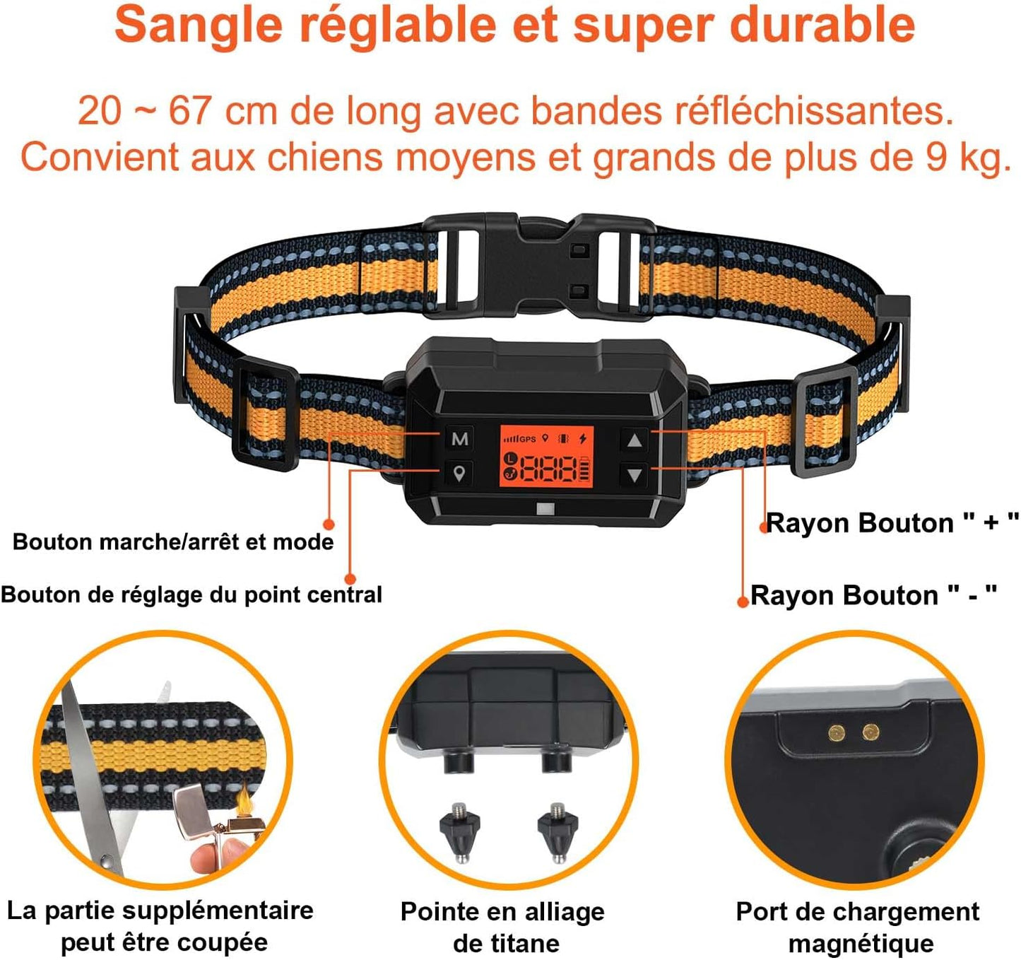 Bracelet GPS pour chien, 30–999 m, barre réglable, protection de vol améliorée, IPX7, étanche,