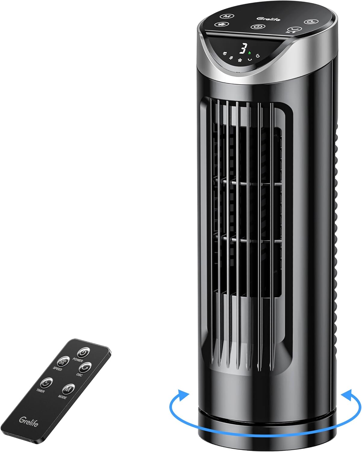 Grelife Turmventilator mit Fernbedienung, 13" Ventilator Leise mit 3 Modi 8-Std-Timer