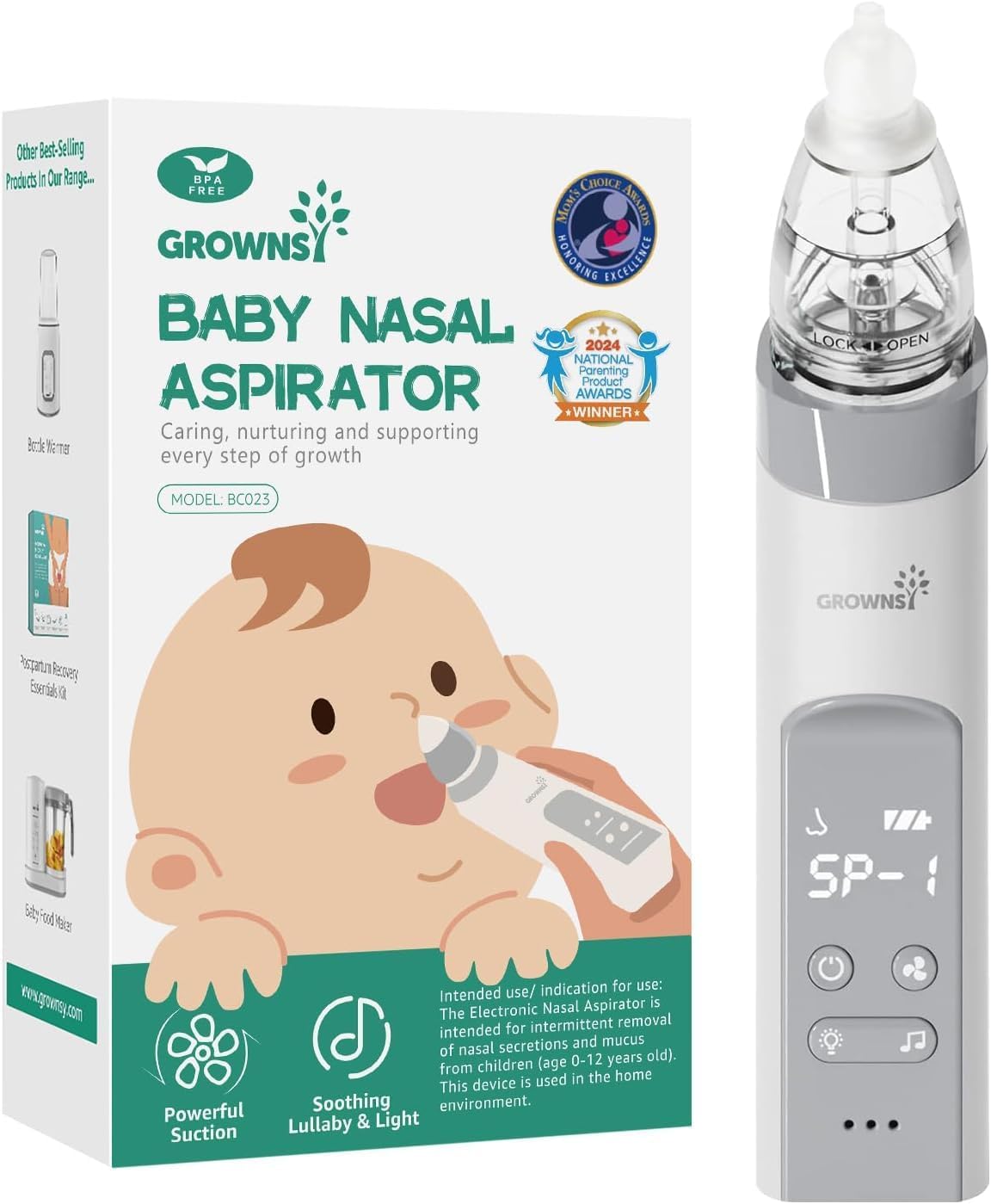 GROWNSY Nasensauger Baby Wiederaufladbar, Mit 3 Musik & Licht Funktion Grau