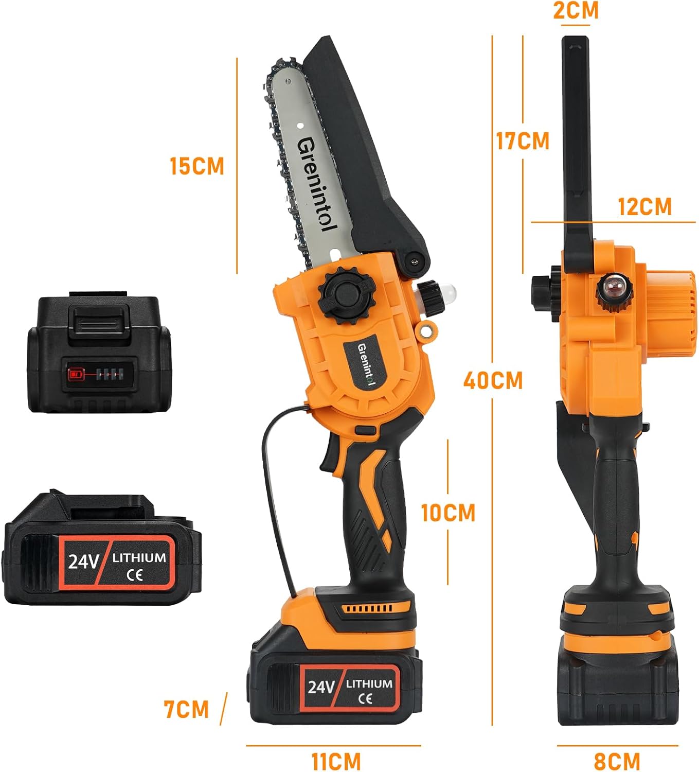 Grenintol 6 Zoll Mini Kettensäge avec batterie 6000mAh, batterie Kettensäge avec Öler automatique et 2 batteries 3.0Ah, Handkettensäge Akku avec 24V pour Gartenscheren Astschere Holzschneiden