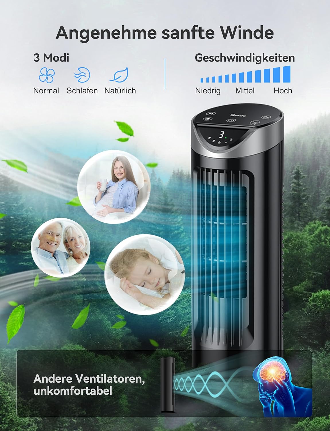 Grelife Turmventilator mit Fernbedienung, 13" Ventilator Leise mit 3 Modi 8-Std-Timer