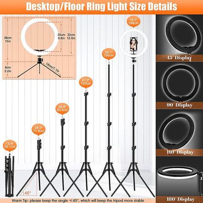 GerTong Ringlicht mit Stativ Handy Gesamthöhe 178cm, 12.6 Zoll Dimmbare LED Selfie Ring