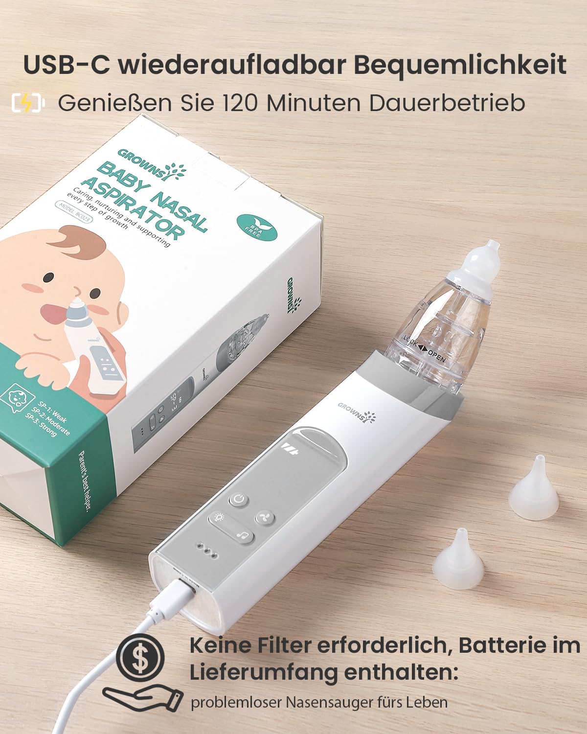 GROWNSY Nasensauger Baby Wiederaufladbar, Mit 3 Musik & Licht Funktion Grau