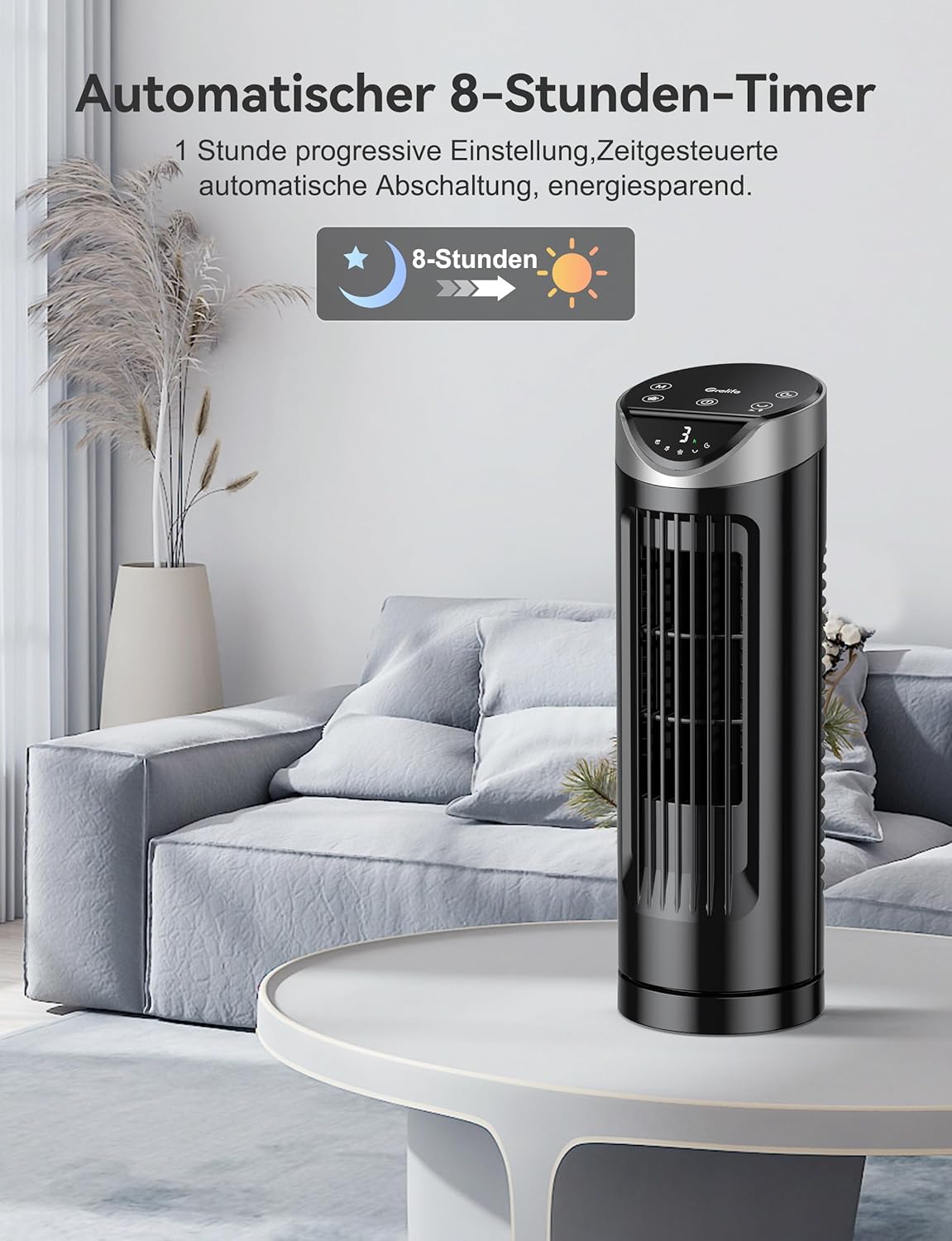 Grelife Turmventilator mit Fernbedienung, 13" Ventilator Leise mit 3 Modi 8-Std-Timer