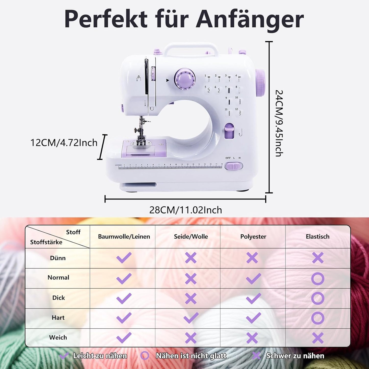 GraceGrow Nähmaschine für Anfänger, Elektrische 12 Stichprogrammen Fußpedal & Nähset