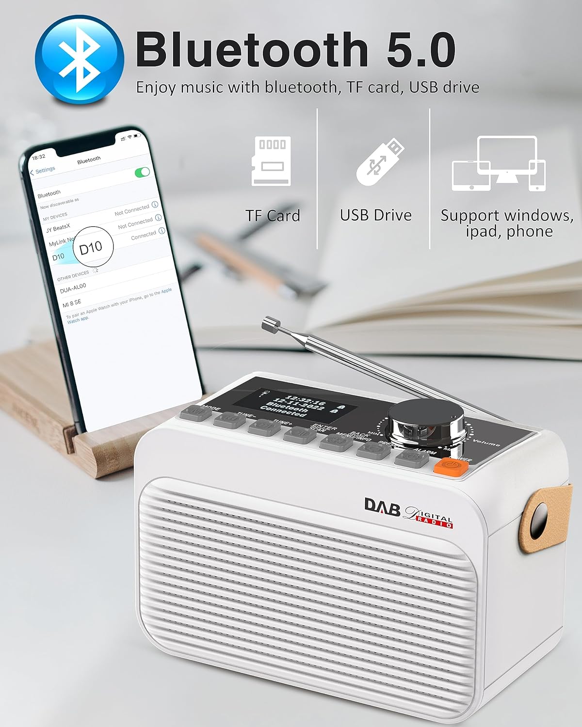 Greadio DAB/DAB+Digitales FM Radio mit Bluetooth, 80 Sender,LED-Display,TF/USB-Laufwerk