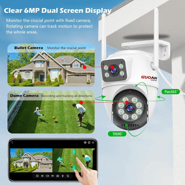 GUOAN VISION Überwachungskamera Außen WiFi 6 MP Dual-Objektiv menschliche Erkennung, Farb-Nachtsicht