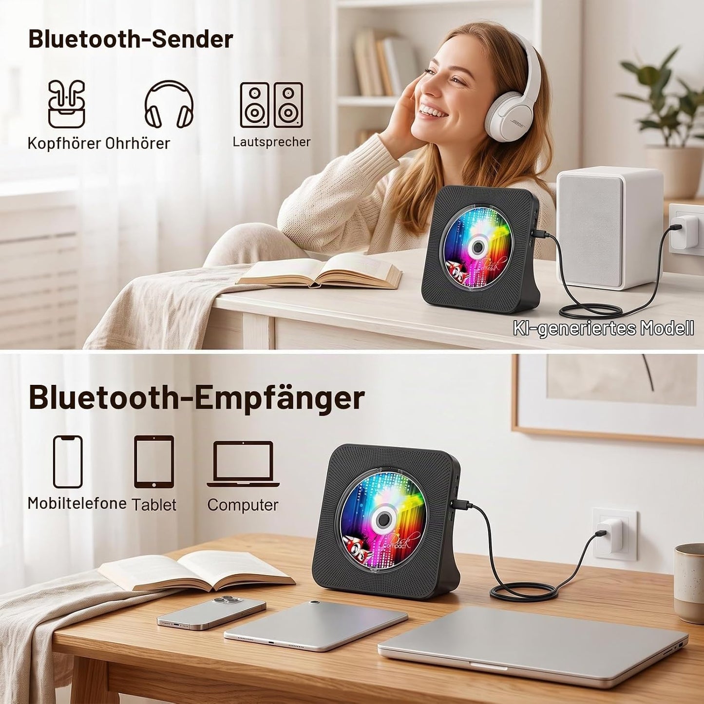Gueray Tragbarer CD-Player, Bluetooth mit HiFi-Sound-Lautsprecher, niedlicher FM-Radio-CD-Musik-Player