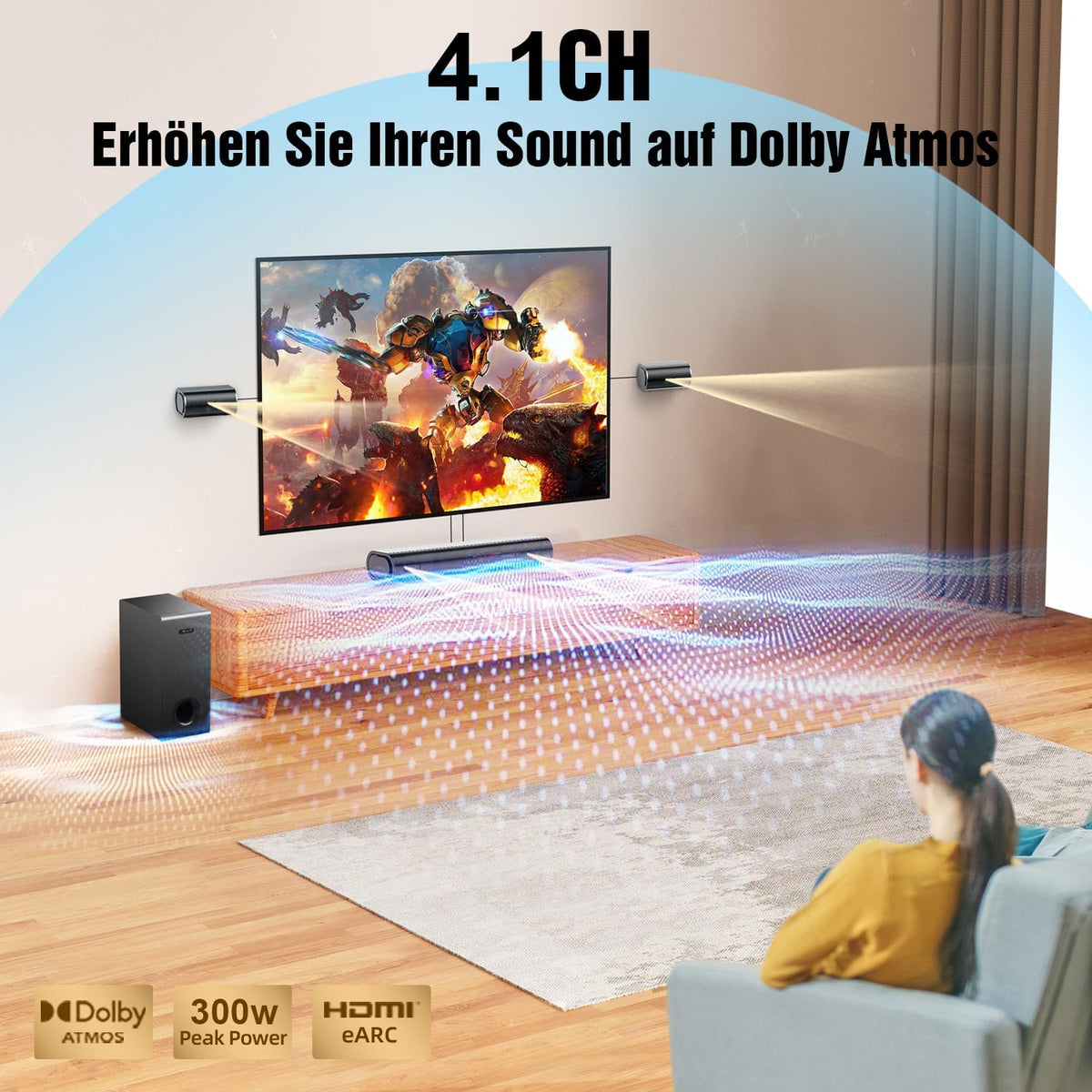 Hiwill 4.1ch Soundbar mit Dolby Atmos, 300W Soundbar für TV Geräte mit Subwoofer,
