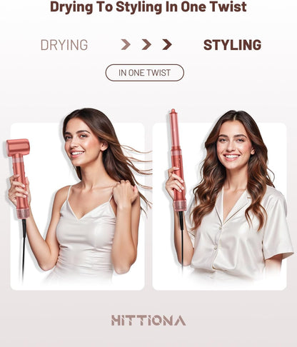 HITTIONA 5 in 1 Airstyler & Rundbürstenföhn，110.000 U/min Ionen Haartrockner (Kirschrot)