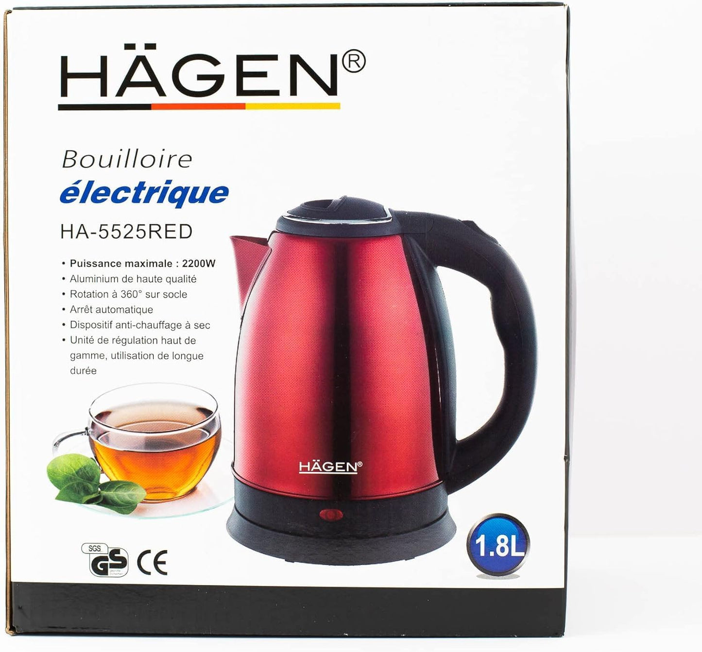 Hagen Wasserkocher -1.8L, 1500W Edelstahl Elektrischer Kabelloser  HA5525 Rot
