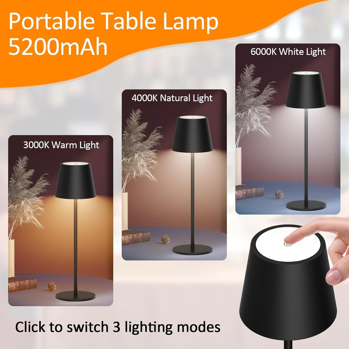 Howskys LED Kabellose Schreibtischlampe, 3 Farbtemperaturen dimmbare Schreibtischlampe, 5200mAh wiederaufladbare Akku Schreibtischlampe mit USB-C, Aluminium, IP54 Wasserdicht, Schwarz [Energieklasse A]