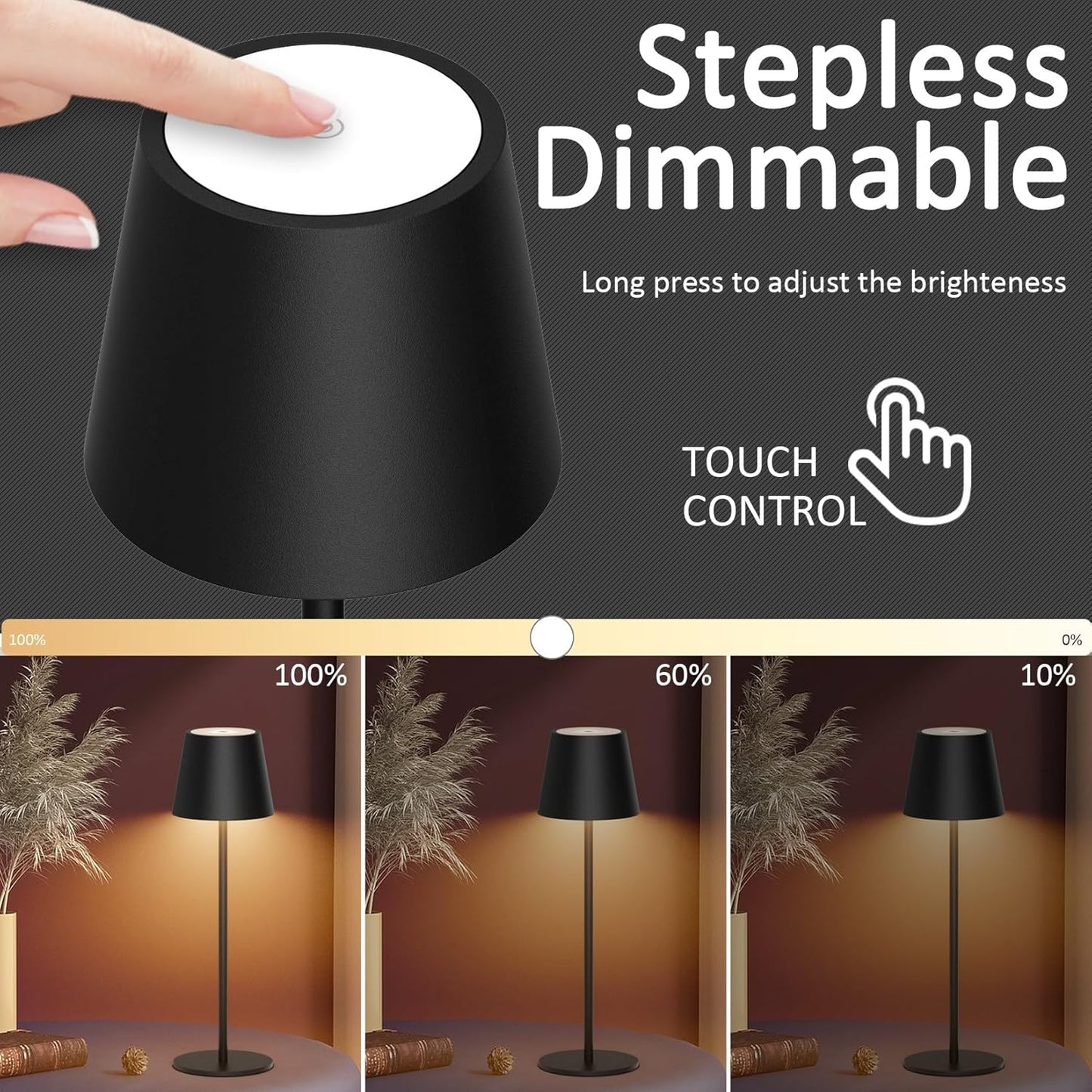 Howskys LED Kabellose Schreibtischlampe, 3 Farbtemperaturen dimmbare Schreibtischlampe, 5200mAh wiederaufladbare Akku Schreibtischlampe mit USB-C, Aluminium, IP54 Wasserdicht, Schwarz [Energieklasse A]