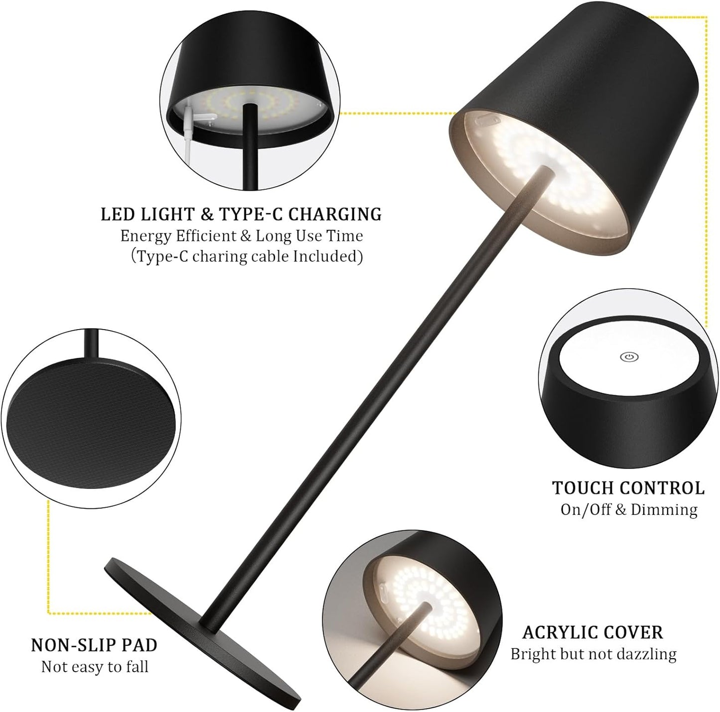 Howskys LED Kabellose Schreibtischlampe, 3 Farbtemperaturen dimmbare Schreibtischlampe, 5200mAh wiederaufladbare Akku Schreibtischlampe mit USB-C, Aluminium, IP54 Wasserdicht, Schwarz [Energieklasse A]