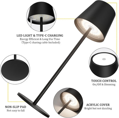 Howskys LED Kabellose Schreibtischlampe, 3 Farbtemperaturen dimmbare Schreibtischlampe, 5200mAh wiederaufladbare Akku Schreibtischlampe mit USB-C, Aluminium, IP54 Wasserdicht, Schwarz [Energieklasse A]