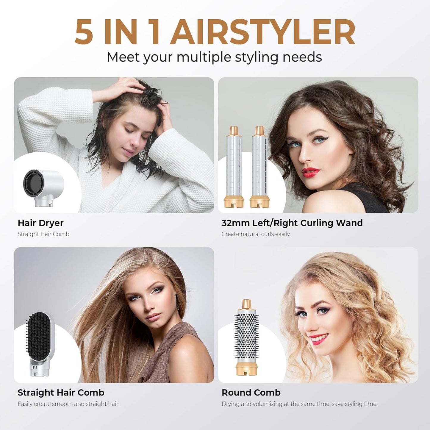 Haarstyler 5 in 1,1000W Haartrockner, Professioneller Hairstyler Föhn, 30 mm Lockenstab