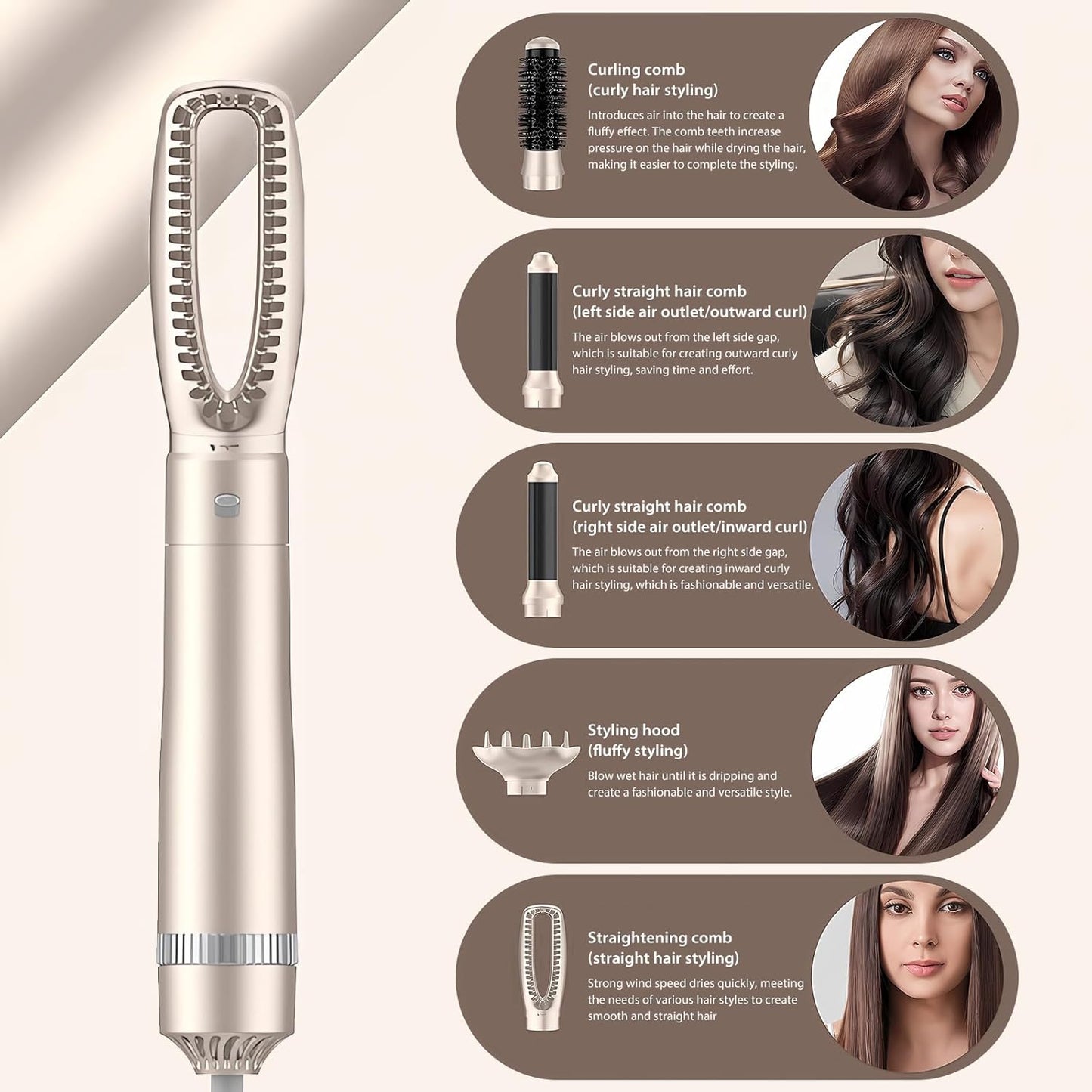 Hair Styler 5 in 1 Profi Haartrockner 1000 W, Luft-Lockenstab mit Negativ-Ionen-Technologie