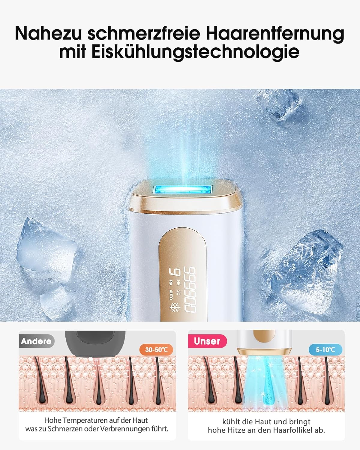 Haarlosy IPL Geräte Haarentfernung mit Gefrierfunktion mit 9 Energiestufen,3 Funktionen