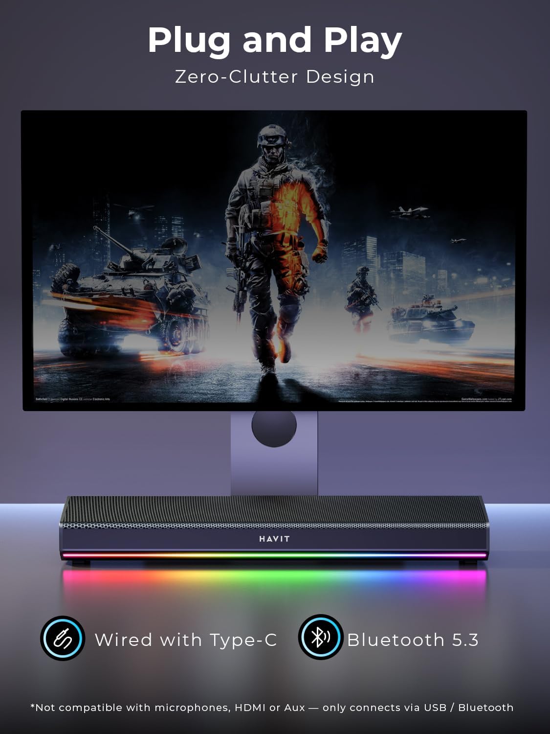 Havit Computer-Lautsprecher für Desktop-PC, Bluetooth 5.3 PC-Soundbar LED-Licht