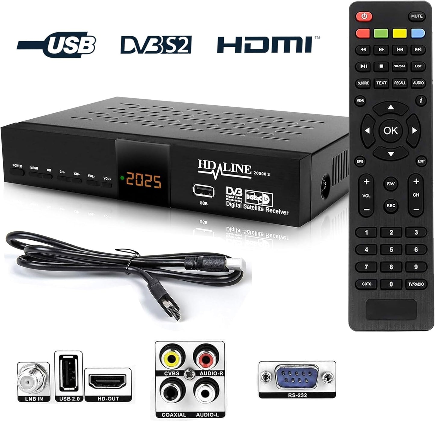 Hd-line 20500 Digitaler Satelliten HD Receiver (DVB-S/DVB-S2, HDMI, AV, 2X USB 2.0,