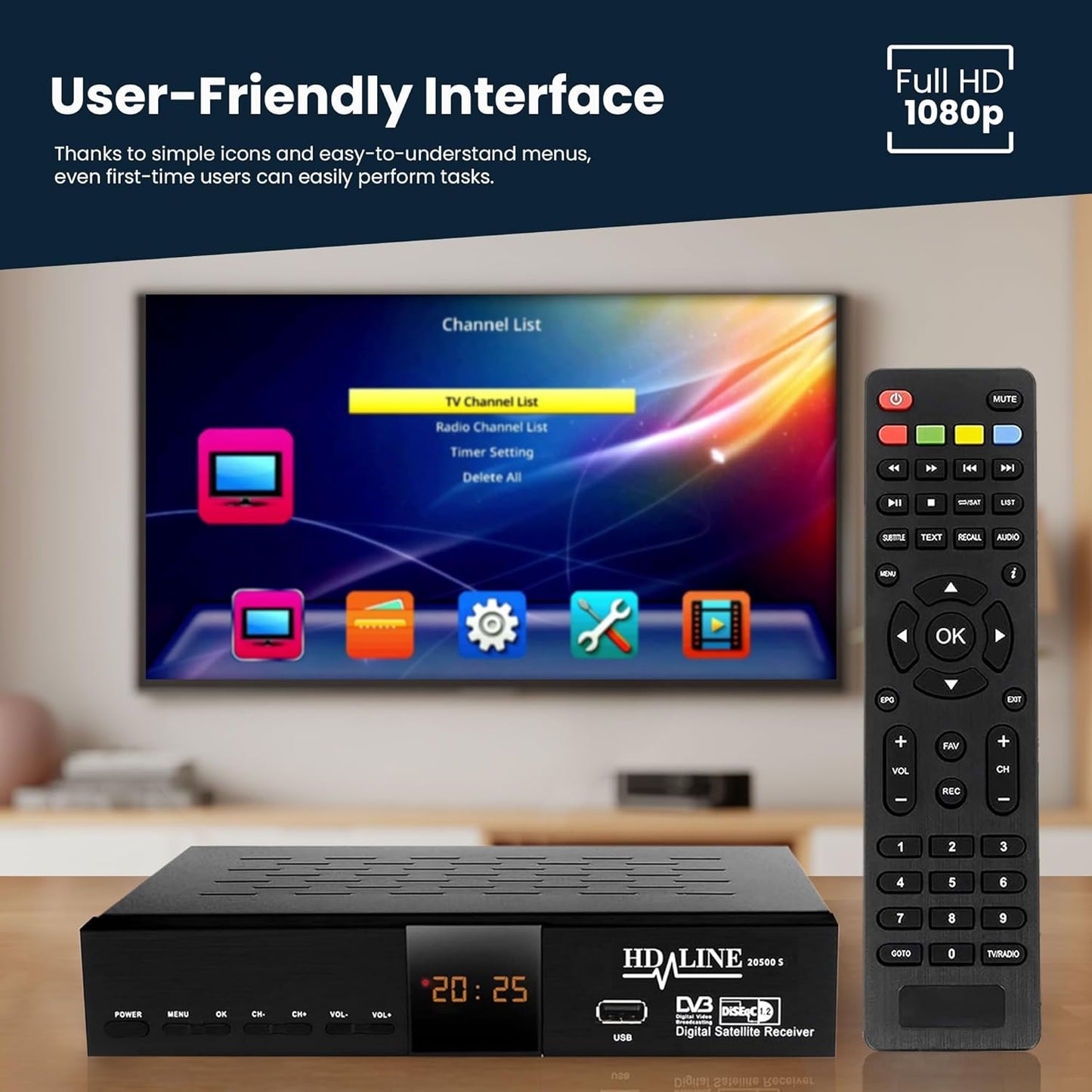 Hd-line 20500 Digitaler Satelliten HD Receiver (DVB-S/DVB-S2, HDMI, AV, 2X USB 2.0,