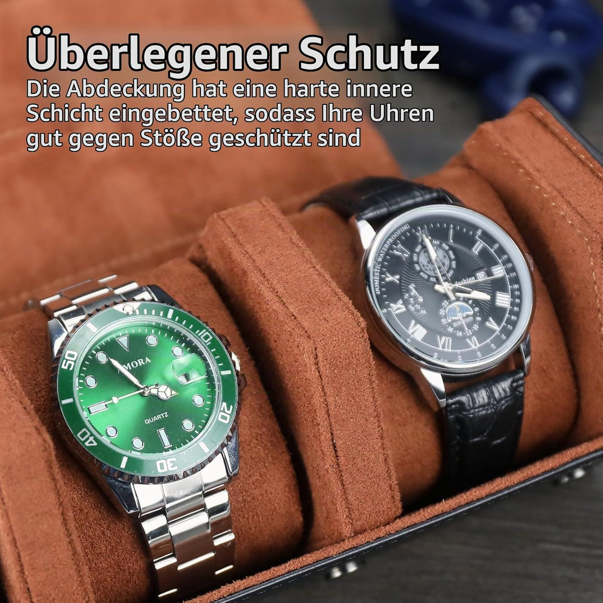 HELMDY Uhrenrolle 3 Uhren, Uhrenbox Tragbare 3 Uhren für Herren (Schwarz/Braun) 