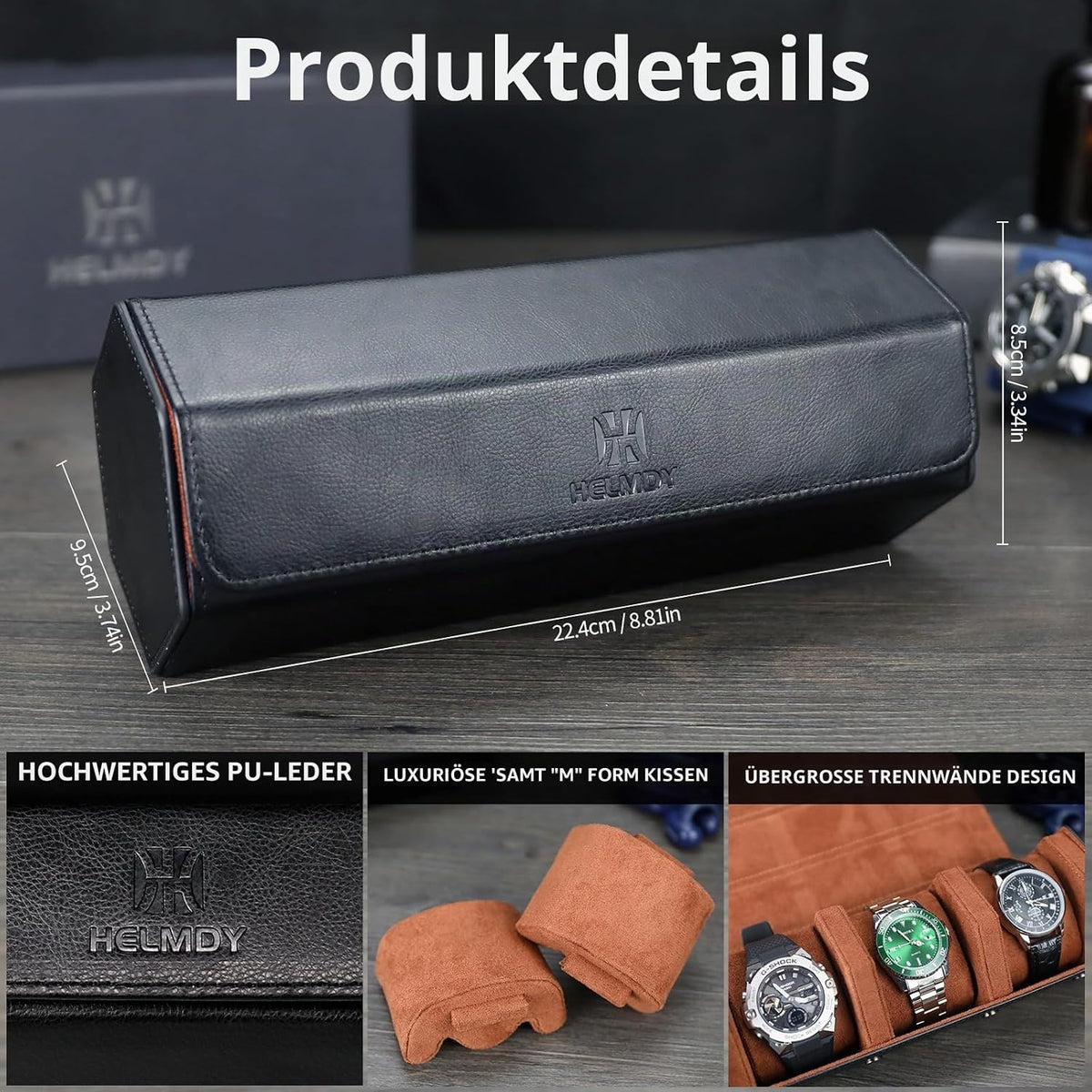 HELMDY Uhrenrolle 3 Uhren, Uhrenbox Tragbare 3 Uhren für Herren (Schwarz/Braun) 