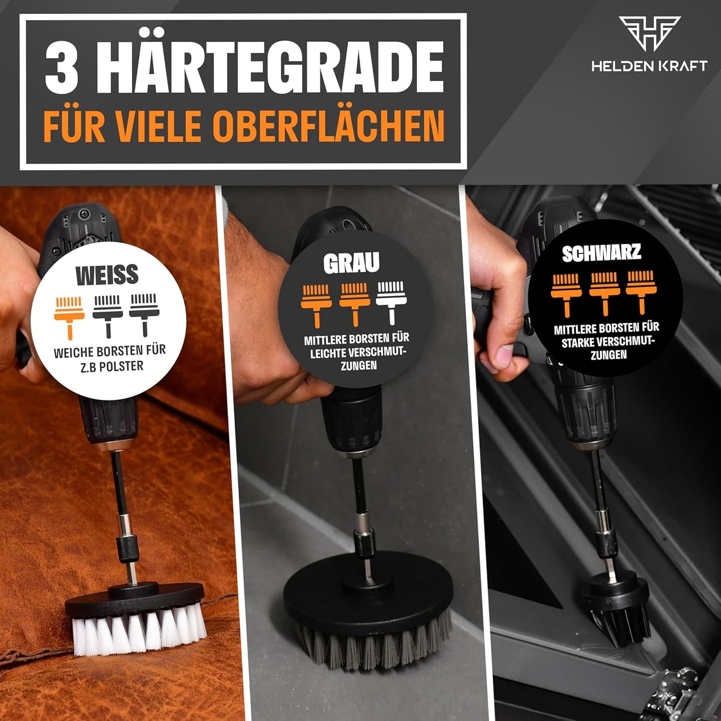 HELDENKRAFT® Bürstenaufsatz Akkuschrauber [11 Teile] für Jede gängige Bohrmaschine