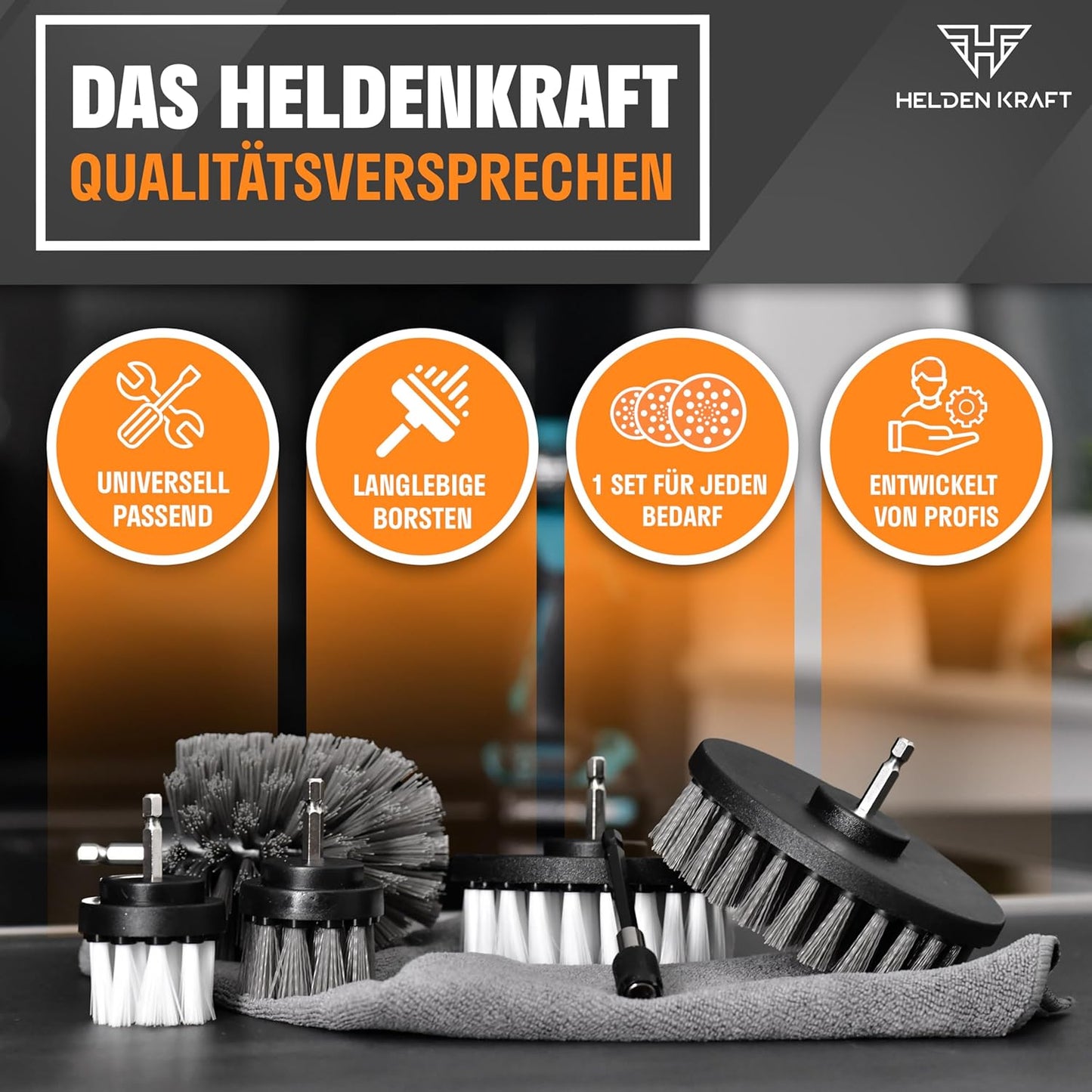 HELDENKRAFT® Bürstenaufsatz Akkuschrauber [11 Teile] für Jede gängige Bohrmaschine