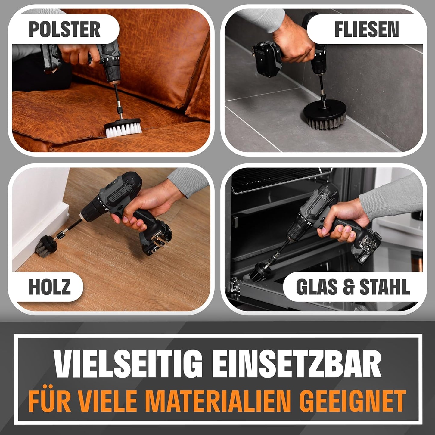 HELDENKRAFT® Bürstenaufsatz Akkuschrauber [11 Teile] für Jede gängige Bohrmaschine