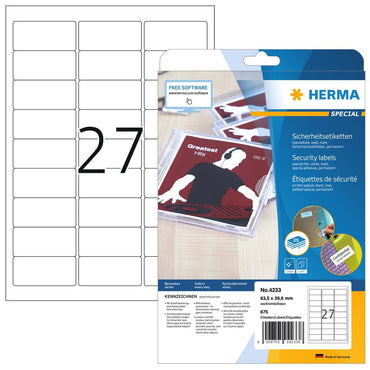 Étiquettes de sécurité HERMA Spécial blanc 63,5 x 29,6 mm 675 étiquettes