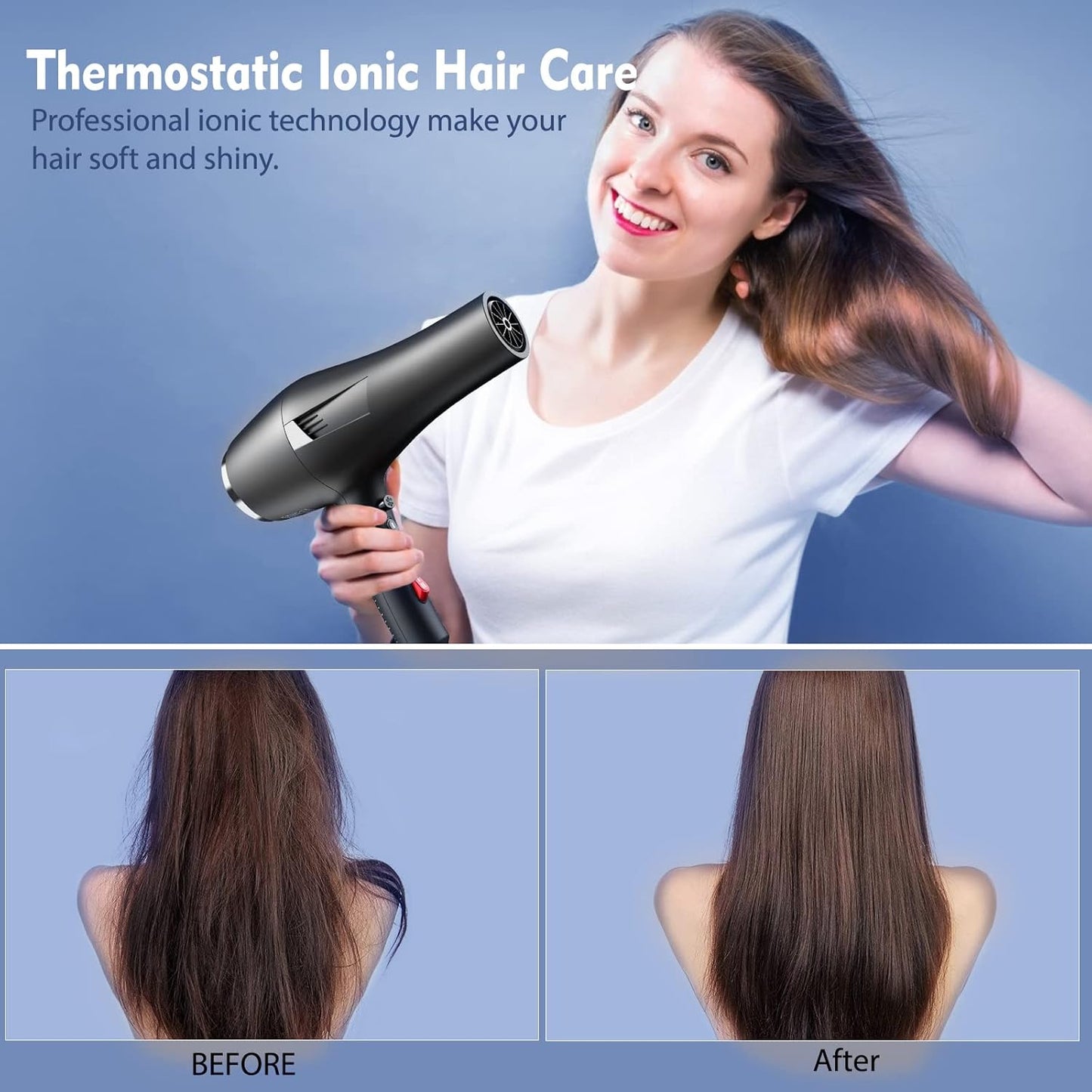 Sèche-cheveux HappyGoo Ion 2400W, sèche-cheveux avec 2 Geschwindigkeiten 3 Wärmeeinstellungen Schwarz