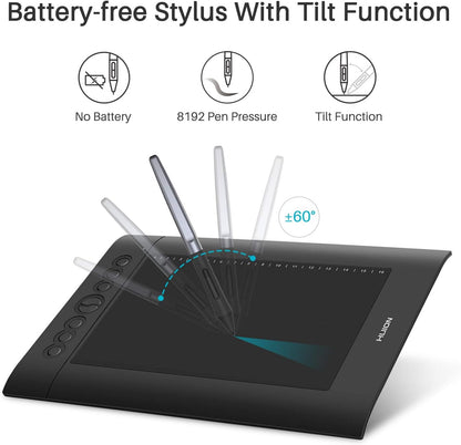 HUION H610 Pro V2 Stifttablett 10 x 6,25 Zoll Grafiktablett avec Neigungsfunktion et Batterieloser Stift, compatible avec Chromebook, Android, Windows &amp; Mac, pour Fernunterricht &amp; Home-Office