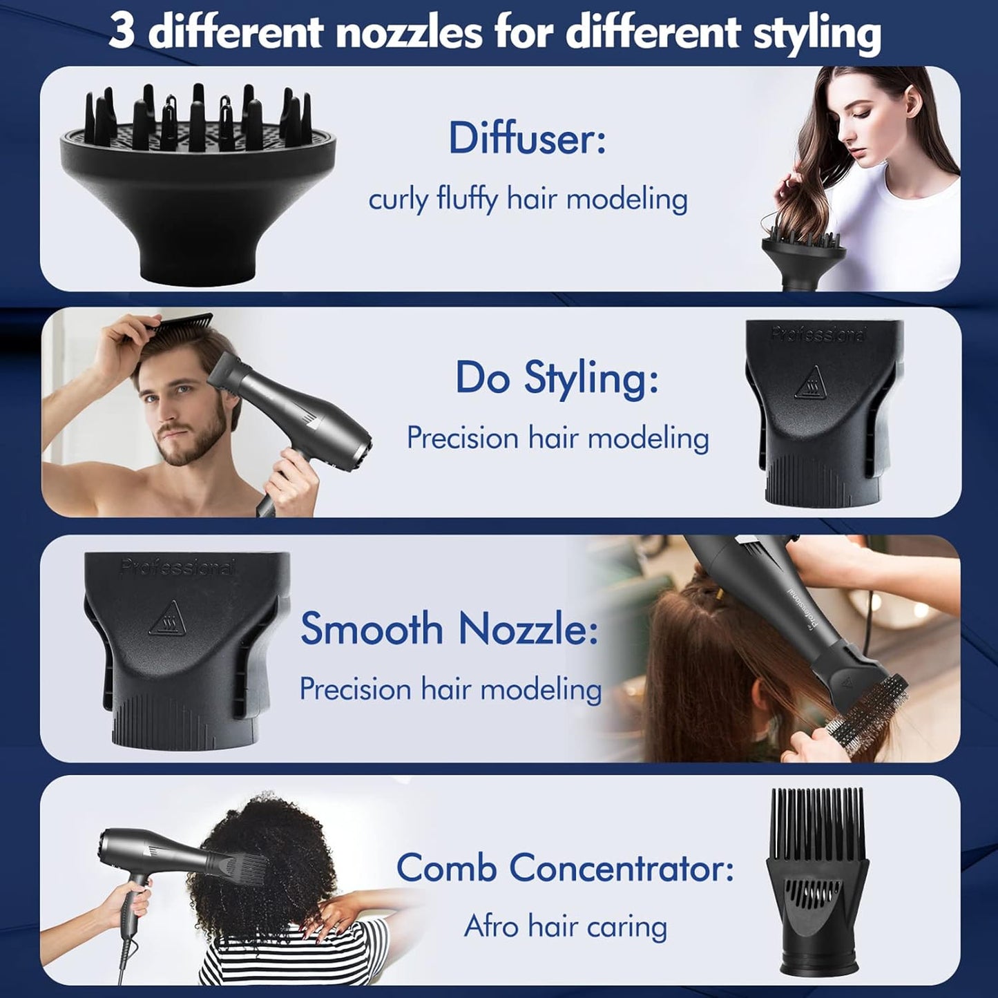 Sèche-cheveux HappyGoo Ion 2400W, sèche-cheveux avec 2 Geschwindigkeiten 3 Wärmeeinstellungen Schwarz