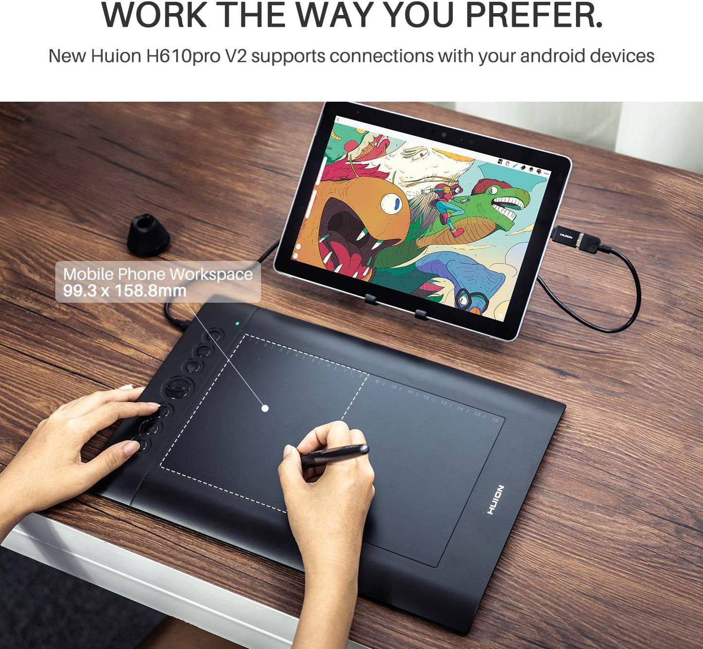 HUION H610 Pro V2 Stifttablett 10 x 6,25 Zoll Grafiktablett avec Neigungsfunktion et Batterieloser Stift, compatible avec Chromebook, Android, Windows &amp; Mac, pour Fernunterricht &amp; Home-Office