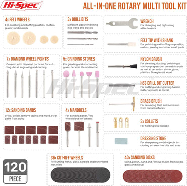 Kit d'outils rotatifs Hi-Spec Power 130 W avec 121 forets compatibles Dremel pour le perçage, la découpe, la coupe et le ponçage dans les réparations de bricolage