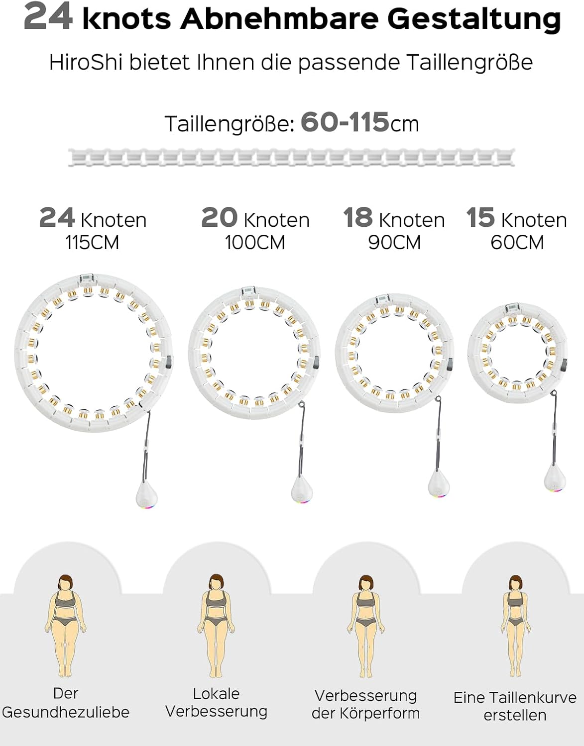 HiroShi Smart Hula Hoop für Erwachsene eine sexy Taille zu Bauen, 24 Abnehmbarer (60-115CM) Weiß