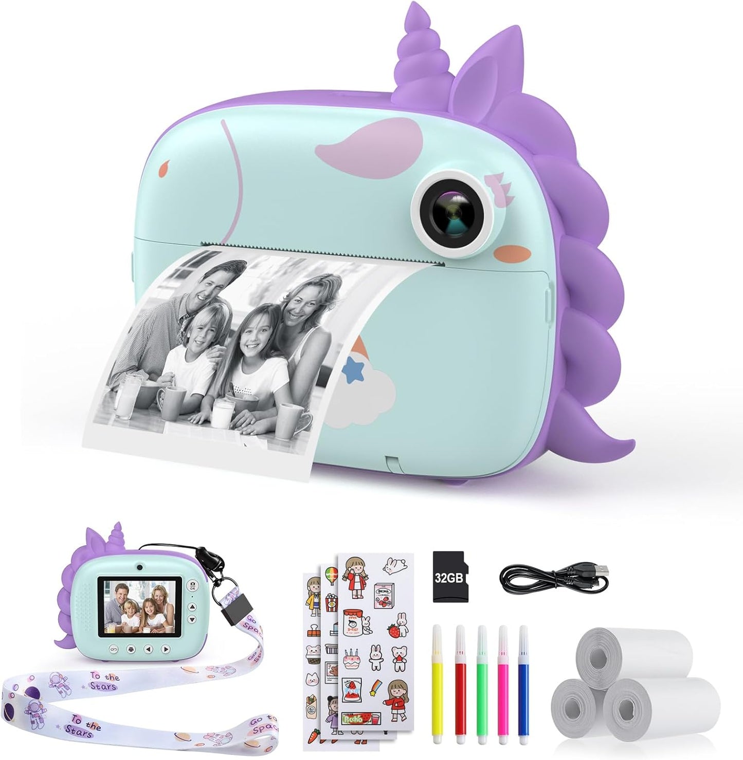 HiMont Kinderkamera Sofortbildkamera, Digitalkamera für Kinder mit Druckpapier & 32G TF Karte,