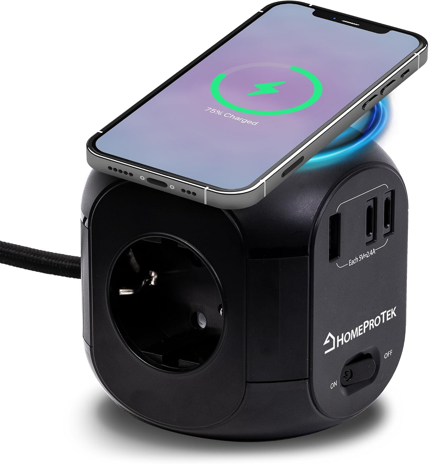 HOMEPROTEK 7in1 Steckdosenwürfel  USB Mehrfachstecker,Schwarz