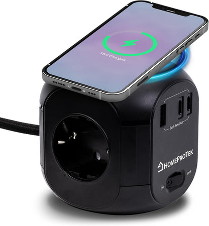 HOMEPROTEK 7in1 Steckdosenwürfel  USB Mehrfachstecker,Schwarz