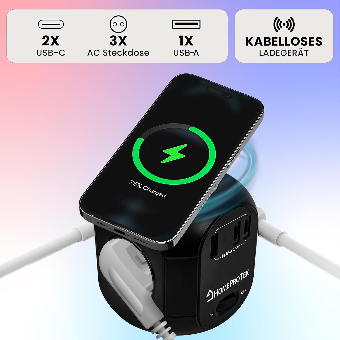 HOMEPROTEK 7in1 Steckdosenwürfel  USB Mehrfachstecker,Schwarz