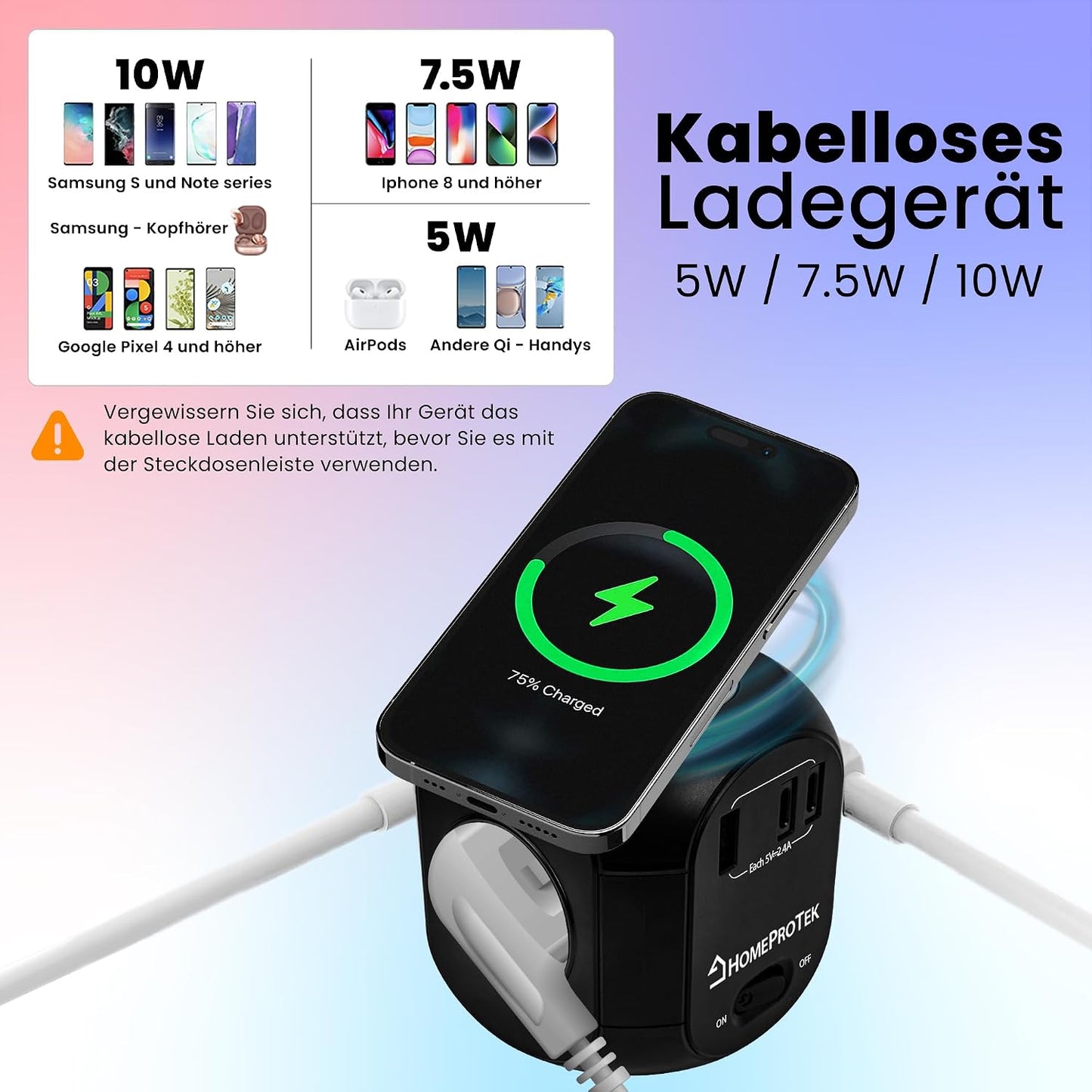 HOMEPROTEK 7in1 Steckdosenwürfel  USB Mehrfachstecker,Schwarz